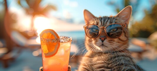 Cat in sunglasses, enjoying tropical cocktail on a sunny beach. Blurred background. Feline with soft drink. Banner. Copy space. Concept of summer vibes, drinks, vacation, leisure, holidays