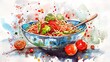 Thai Som Tum with fresh shrimp in a bowl. Thai salad garnished with vegetables and herbs. Concept of authentic Asian cuisine, traditional dish. Watercolor illustration. Art