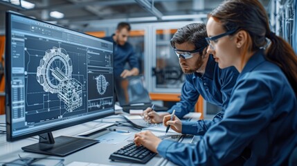 Two engineers, a man and a woman, are working on a project using a computer-aided design (CAD) software.