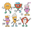 Set of retro groovy summer characters. Funny vintage mascot, sun, fruit, ice cream, cream, ball, drink, speech bubble. Vector cartoon