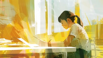 Poster - A woman is seated at a table, working on a laptop computer.