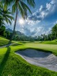 View of a golf course in Thailand with lush green grass, beautiful scenery with sand pits bunker beside the greens and golf holes. blue sky sunny day.