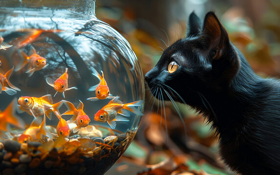 Black cat is watching goldfish in fishbowl. Black cat staring at goldfish in fish bowl