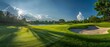View of a golf course in Thailand with lush green grass, beautiful scenery with sand pits bunker beside the greens and golf holes. blue sky sunny day.