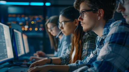 Poster - A diverse group of individuals sitting in front of computers, engaging in work or study activities.