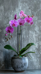 Wall Mural - Pink orchids in a textured ceramic pot against a gray textured background