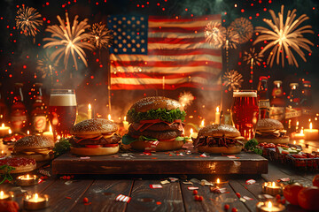 Burgers on a wooden board in pub, barbecue with American flag, beer and fireworks in the background. 4 July independence day celebration happy hours and sales.