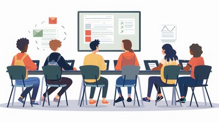 Poster - A group of individuals seated at a table, engaged in conversation or a meeting.