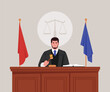 Vector illustration of a male judge. Cartoon scene of a judge in a robe, holding a wooden gavel, sitting at the judge's table, an open book, red and blue flags, scales of justice, measures.