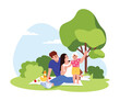 Vector illustration of a family on a picnic.Cartoon scene of a man and a woman with a baby sitting on a blanket with fruit, juice, in nature, in a park with green trees, bushes,blue sky,white clouds.