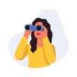 Vector illustration of a pretty girl looking through binoculars. Cartoon scene of a curly-haired girl with pink lipstick on her lips, wearing a yellow t-shirt and looking through blue binoculars.