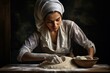 © juliars - Woman in vintage clothing kneads dough on a wooden table, capturing the essence of traditional baking