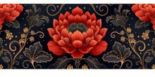 Red And Black Vintage Floral. Lotus Banner , Mu Dan Hua Hui Wu Feng Tu An 