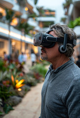 Wall Mural - Mature man using virtual reality headset in shopping center