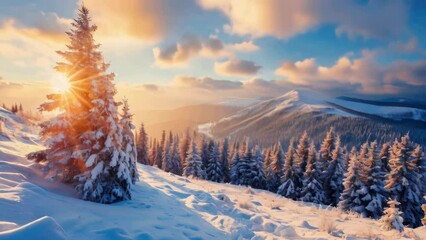 Wall Mural - Beautiful snowy landscape with tree in foreground