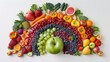 summer , fruit and vegetables arrange by color in a rainbow shape