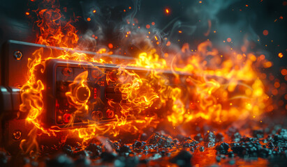 Poster - Burning smartphone is surrounded by flying fire sparks and embers. A photo of an electrical fire