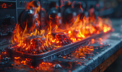 Poster - Hot coals and hot metal on the stove. A photo of an electrical fire