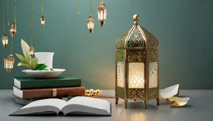 eid al fitr background design of a realistic a lantern and a book on a table