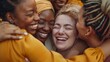 © yj - A group of diverse people hugging and laughing together, showing their support for each other's mental health. generative AI