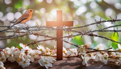 the cross of jesus christ breaks through the barrier wire on calvary s cross sunday background good friday is easter day bird hope worships god christian prays in faith holy spirit spiritual