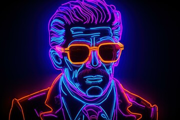 Wall Mural - colorful neon light effect highlights a man with sunglasses and a fashionable hairdo