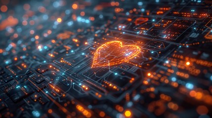 Poster - A computer circuit board featuring a heart-shaped design, highlighting the fusion of technology and emotion in modern electronics.