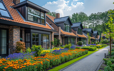 Wall Mural - Modern residential houses. Beautiful modern houses with balconies and colorful flowers in the courtyard