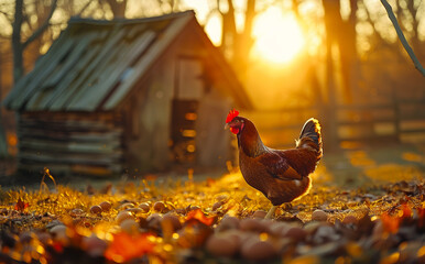 Wall Mural - Rooster and eggs in the yard. Chicken Coop Gathering