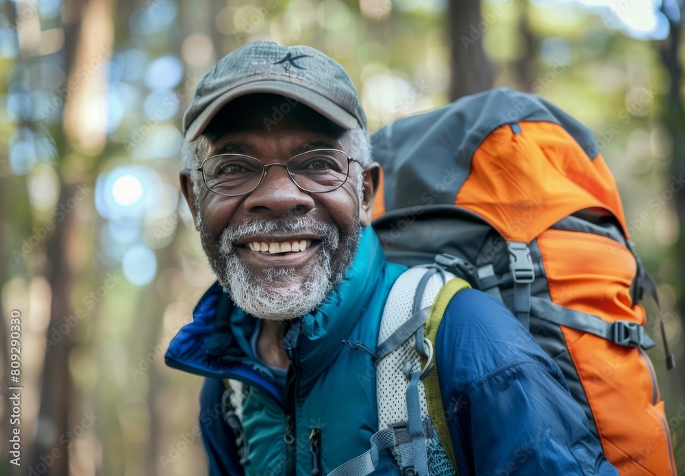 Senior black man smiles while hiking in forest, embracing exercise for ...