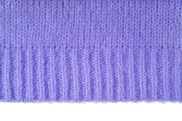 Purple knitted woolen jersey fabric, sweater, pullover texture with edge isolated on white, transparent background. Fabric abstract backdrop, cloth wallpaper