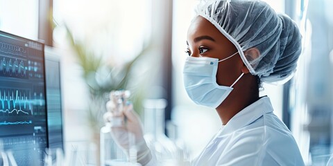 Wall Mural - female medical lab technician with mask and hair net examining fluids