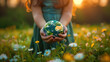 Young Person Cradling a Small Globe in a Blossoming Meadow During Earth Day