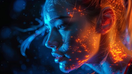 Poster - A womans face illuminated in vibrant blue and orange hues.