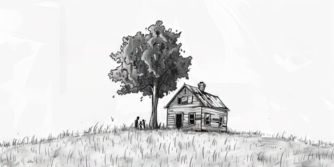 Wall Mural - ink drawing of an old farmhouse in the Australian outback