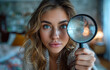 © Анна Терелюк - Beautiful young woman looking through magnifying glass while sitting on the bed at home.