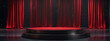 © Five Million Stocks - Stage podium background red light spotlight curtain theater show platform. Stage 3D background podium award cinema winner movie carpet pedestal fabric concert abstract studio dark vip empty silk club