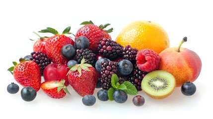 Wall Mural - Fruit and berries on white background. Generative Ai