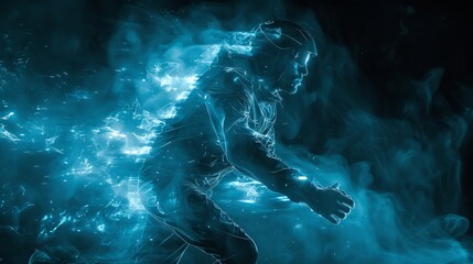 Poster - A man running through a vibrant blue light in an urban setting.