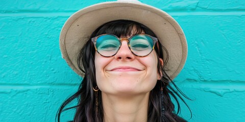 Wall Mural - friendly young millennial woman in her 30s with glasses and hat against teal wall