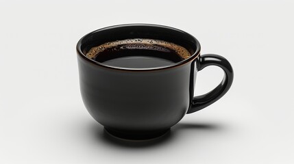 A fresh cup of black coffee in a plain black cup on a white background. 