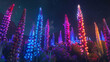 Surreal Neon-Lit Lupins in a Night Landscape