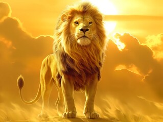 Wall Mural - A lion stands in the foreground of a yellow sky with clouds. The lion is the main focus of the image, and it is looking towards the camera. The yellow sky and clouds create a warm and inviting mood