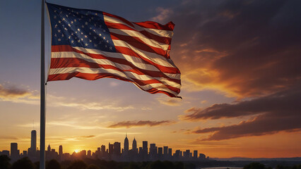 american flag at sunset