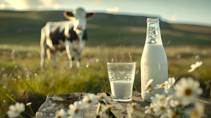 Canvas Print - Fresh Milk in a Rural Setting, Cow Grazing, Glass Bottle and Cup on Stone. Dairy Farm Concept with Natural Background. Rustic Style Image of Milk. AI