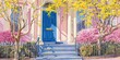 yellow trees and pink bushes surrounding walkway in front of pink house with blue door 