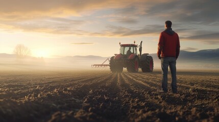 Portrait of farmer looking rice field sunset with golden ray with tractor parking. Skilled agricultural worker or researcher checking while standing at farm. Agriculture sustainable concept. AIG42.