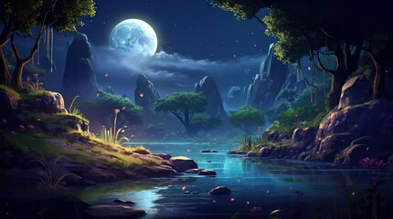 enchanting fantasy forest by the moonlit lake. tranquil night scene with mystical ambiance. seamless
