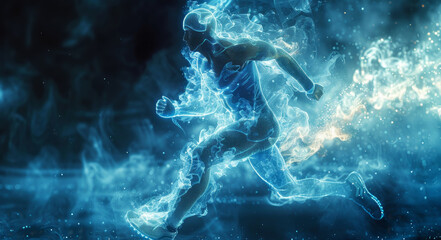 Poster - A dynamic, glowing figure running with a trail of blue light particles.