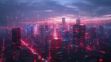 Canvas Print - As night falls, the vibrant red and blue lights piercing through the shadows showcase a bustling hub of digital energy in the metropolis.